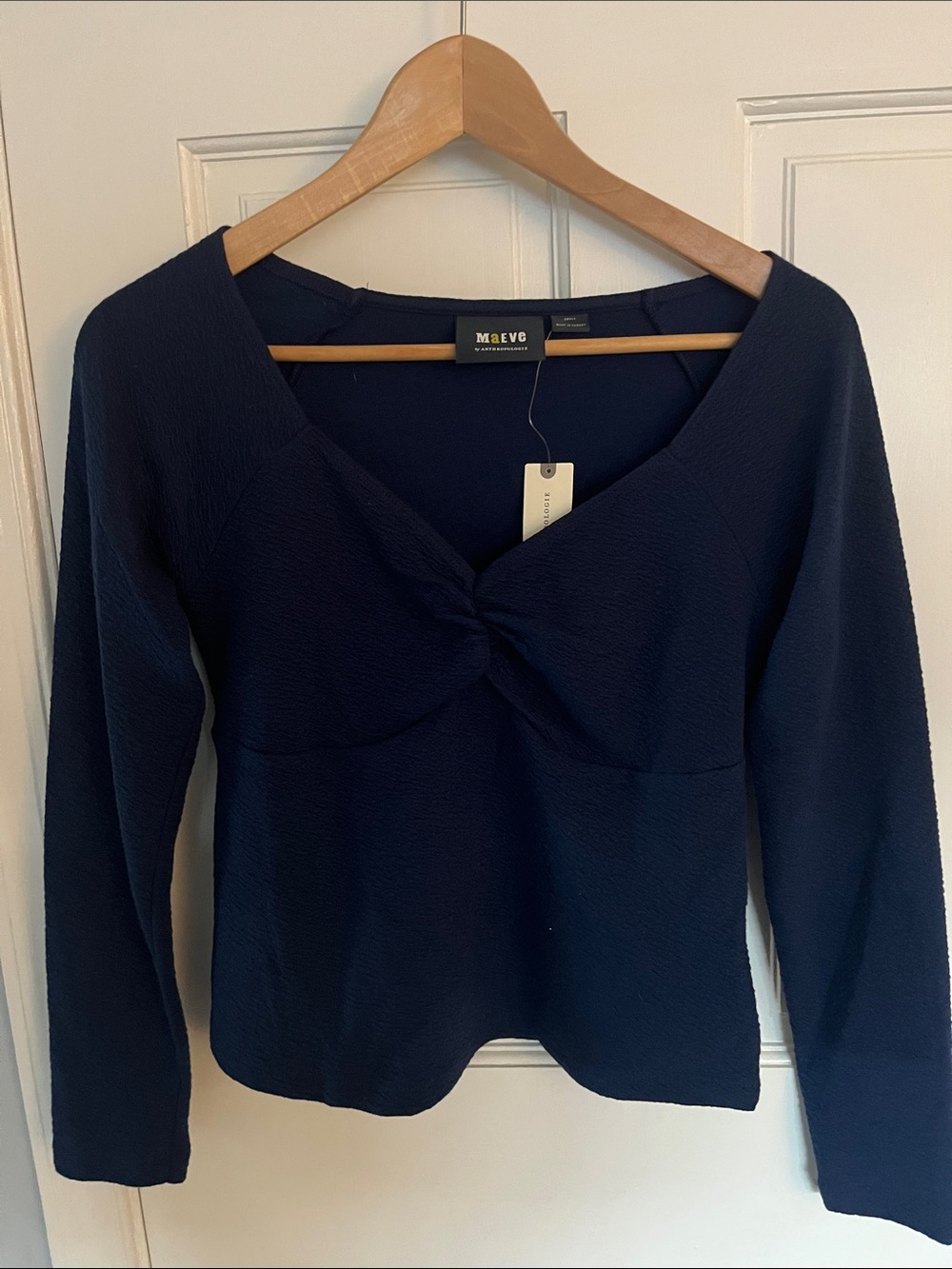 Maeve Deep Navy Twist-Front Long Sleeve Top